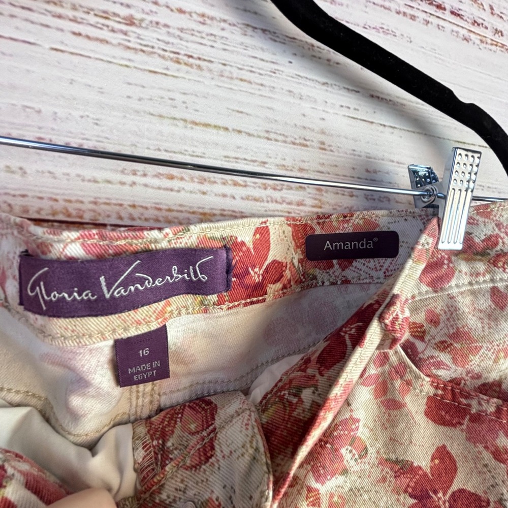 Vintage Floral Denim Shorts 16 Red Pink Cotton Stretch Jorts Cottage Feminine - Picture 3 of 11